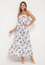 Niebieska Sukienka z Wiskozą o Rozkloszowanym Kroju w Kwiaty Nalorene. Niebieskie sukienki damskie Born2be, bez wzorów, z wiskozy, eleganckie, bez ramiączek. W wyprzedaży za 76.49 zł.