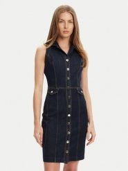 Guess Sukienka jeansowa W5YK24 D5PW1 Granatowy Regular Fit. Niebieskie sukienki damskie Guess, z aplikacjami, z bawełny, bez ramiączek. Za 695.00 zł.