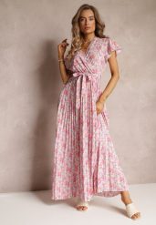 Jasnoróżowa Plisowana Sukienka Maxi w Kwiatki z Gumką w Talii Ikama. Czerwone sukienki damskie Renee, bez wzorów, z materiału, bez ramiączek. W wyprzedaży za 67.99 zł.