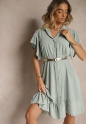 Jasnozielona Koszulowa Sukienka Ozdobiona Falbankami i Guzikami Tenelora. Zielone sukienki damskie Renee, bez wzorów, eleganckie, bez ramiączek. W wyprzedaży za 63.99 zł.