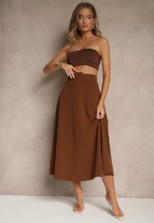 Brązowa Rozkloszowana Spódnica Maxi z Paskiem i Klamrą Adlirca. Brązowe spódnice damskie Renee, s, bez wzorów, maxi. Za 69.99 zł.