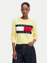 Tommy Jeans Sweter Flag DW0DW22930 Żółty jasny Regular Fit. Żółte swetry klasyczne damskie Tommy Jeans, xs, z bawełny, bez kołnierzyka. Za 409.99 zł.