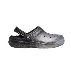 Klapki sandały Crocs Classic Glitter Lined Clog Srebrne 205842-067. Czarne klapki damskie Crocs, bez wzorów, bez obcasa, bez zapięcia. Za 189.00 zł.