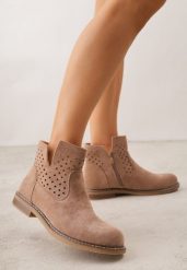 Ciemnobeżowe Ażurowe Botki na Płaskiej Podeszwie ze Skórzaną Wkładką Terilara. Brązowe botki damskie Renee, z jeansu, bez obcasa, na płaskiej podeszwie, bez zapięcia. Za 179.99 zł.