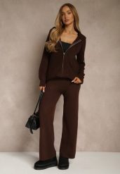 Brązowy Komplet z Wełną i Bawełną Rozpinana Bluza z Kapturem i Szerokie Spodnie Reisema. Brązowe bluzy damskie Renee, s, bez wzorów, z bawełny, z kapturem. Za 139.99 zł.