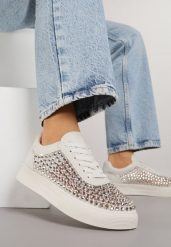 Beżowe Cyrkoniowe Sneakersy na Platformie Lilaela. Brązowe obuwie sportowe damskie Renee, z jeansu, bez zapięcia. Za 109.99 zł.