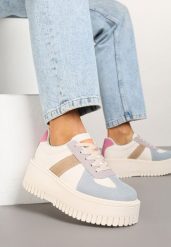 Beżowo-Niebieskie Sneakersy Typu Tenisówki na Żłobionej Platformie Lorreia. Brązowe obuwie sportowe damskie Renee, bez wzorów, z jeansu, bez zapięcia. Za 89.99 zł.