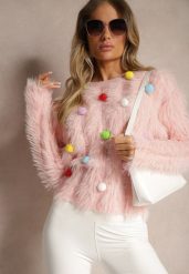 Różowy Sweter z Dodatkiem Wełny z Alpaki i Kolorowymi Pomponami Felinora. Czerwone swetry klasyczne damskie Renee, z wełny, bez kołnierzyka. Za 99.99 zł.