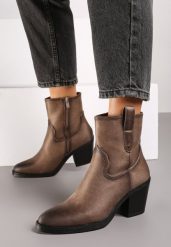 Beżowe Botki Kowbojki na Stożkowym Obcasie Ozdobiony Paskiem Narelin. Brązowe botki damskie Renee, z jeansu, boho, bez obcasa, na obcasie, bez zapięcia. Za 159.99 zł.