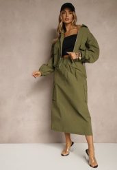 Zielony Komplet z Bawełną Spódnica i Rozpinana Bluza Evorea. Zielone bluzy damskie Renee, na lato, l, bez wzorów, z bawełny, bez kaptura. Za 249.99 zł.