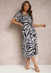 Beżowo-Granatowa Midi Sukienka Pudełkowa w Animal Print z Paskiem Avula. Brązowe sukienki damskie Renee, bez wzorów, eleganckie, bez ramiączek. W wyprzedaży za 91.99 zł.