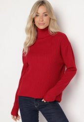 Bordowy Casualowy Golf z Bawełną z Prążkowanej Dzianiny Tinathra. Czerwone golfy damskie Born2be, z aplikacjami, z bawełny, bez ramiączek. Za 74.99 zł.