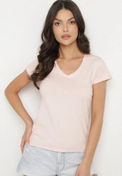 Różowy T-shirt z Bawełny z Dekoltem w Serek Liniviela. Czerwone t-shirty damskie Born2be, l, bez wzorów, z bawełny, bez kołnierzyka. Za 39.99 zł.