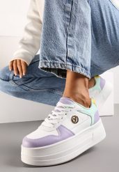 Biało-Fioletowe Sneakersy na Grubej Podeszwie Sznurowane z Metaliczną Aplikacją Ailtria. Białe obuwie sportowe damskie Renee, bez zapięcia. Za 99.99 zł.