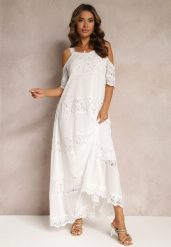 Biała Maxi Sukienka Na Ramiączkach z Wycięciami o Trapezowym Fasonie Mahkai. Białe sukienki damskie Renee, bez wzorów, z bawełny, boho, bez ramiączek. W wyprzedaży za 143.99 zł.