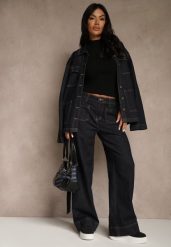 Granatowe Szerokie Jeansy z Bawełną High Waist Ozdobione Kieszeniami Lalla. Niebieskie jeansy damskie Renee, z podwyższonym stanem. Za 99.99 zł.