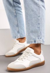Biało-Szare Sneakersy z Ozdobnymi Przeszyciami przed Kostkę Redala. Białe obuwie sportowe damskie Renee, przed kostkę, bez zapięcia. Za 84.99 zł.