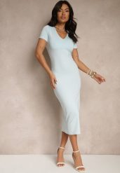 Jasnoniebieska Sukienka Bodycon o Dopasowanym Kroju z Dekoltem w V Efrerina. Niebieskie sukienki damskie Renee, bez wzorów, z jeansu, eleganckie, bez ramiączek. W wyprzedaży za 107.99 zł.