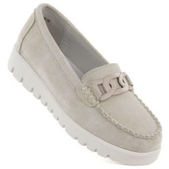 Skórzane mokasyny damskie zamszowe komfortowe beżowe Evento 7304. Brązowe mokasyny damskie eVento, z nubiku, bez obcasa. Za 179.99 zł.