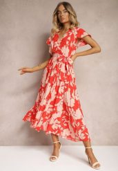 Czerwona Kopertowa Plisowana Sukienka Koktajlowa z Gumką i Paskiem w Talii Benelsea. Czerwone sukienki damskie Renee, bez wzorów, z materiału, eleganckie, bez ramiączek. W wyprzedaży za 63.99 zł.