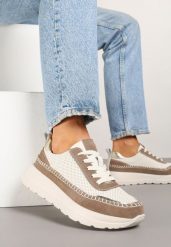 Beżowo-Brązowe Sneakersy Skórzane Ozdobione Metalicznymi Wstawkami i Przeszyciami Renosa. Brązowe obuwie sportowe damskie Renee, bez zapięcia. Za 169.99 zł.