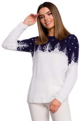 Sweter z Motywem Choinek -- Granatowy. Niebieskie swetry klasyczne damskie MOE, uniwersalny, z materiału, bez kołnierzyka. Za 211.90 zł.