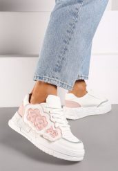 Biało-Różowe Sneakersy na Grubej Podeszwie z Gumowymi Zdobieniami w Postaci Kwiatów Benalita. Białe obuwie sportowe damskie Born2be, z gumy, bez zapięcia. Za 89.99 zł.