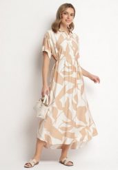 Brązowa Sukienka Rozkloszowana z Bawełną w Abstrakcyjny Print Telanisa. Brązowe sukienki damskie Born2be, bez wzorów, z bawełny, eleganckie, bez ramiączek. Za 89.99 zł.