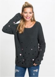 Sweter z haftem. Szare swetry klasyczne damskie bonprix, bez kołnierzyka. Za 129.99 zł.