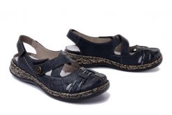 RIEKER 46377-14 blue, sandały damskie. Niebieskie sandały damskie Rieker, bez wzorów, z gumy, bez obcasa, na koturnie, bez zapięcia. Za 297.42 zł.