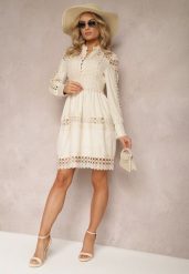 Beżowa Koronkowa Sukienka z Ozdobnym Dekoltem Sweeney. Brązowe sukienki damskie Renee, bez wzorów, z koronki, bez ramiączek. W wyprzedaży za 159.99 zł.