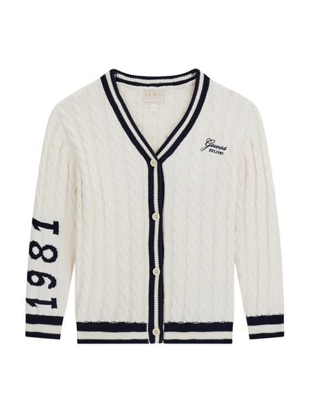 Guess Kardigan J6YR09 Z0841 Kremowy Regular Fit. Białe swetry dziewczęce Guess, z aplikacjami, z syntetyku, bez kołnierzyka, bez ramiączek. Za 294.99 zł.