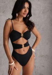 Czarny Jednoczęściowy Strój Kąpielowy Na Cienkich Ramiączkach ze Złotymi Ozdobami i Wycięciami Nonanoe. Czarne komplety bielizny Renee, bez wzorów, z jeansu. Za 109.99 zł.