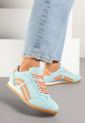 Niebiesko-Pomarańczowe Sneakersy z Przeszyciami i Ozdobnymi Paskami na Boku Beniffa. Niebieskie obuwie sportowe damskie Born2be, bez zapięcia. Za 84.99 zł.