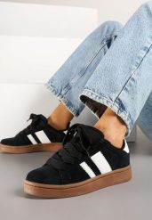 Czarno-Białe Sneakersy Typu Kultowe Tenisówki Zdobione Paskami Nevellise. Czarne obuwie sportowe damskie Renee, z aplikacjami, z jeansu, bez zapięcia. Za 139.99 zł.