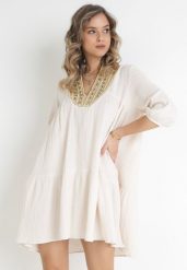 Beżowa Rozkloszowana Sukienka Oversize z Ozdobną Plecionką Przy Dekolcie Samila. Brązowe sukienki damskie Born2be, bez wzorów, boho, bez ramiączek. Za 199.99 zł.