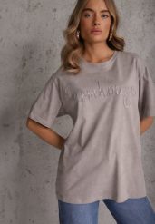 Szary Oversizowy T-shirt z Bawełny Zdobiony Haftem z Cekinami Marivia. Szare t-shirty damskie Renee, l, z aplikacjami, z bawełny, bez kołnierzyka. Za 59.99 zł.