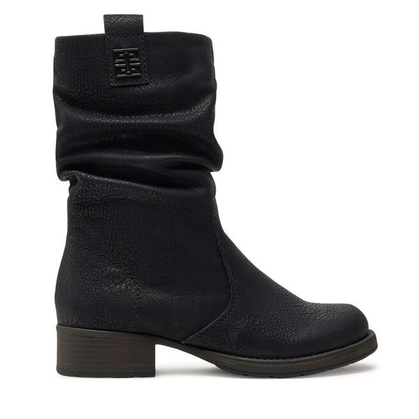 Botki Rieker. Czarne botki damskie Rieker, bez obcasa, na płaskiej podeszwie, bez zapięcia. Za 379.99 zł.