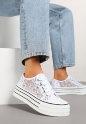 Białe Trampki Vices z Siateczki z Cekinami na Grubej Podeszwie Telanila. Białe trampki damskie Renee, bez wzorów, z jeansu, bez zapięcia. Za 69.99 zł.