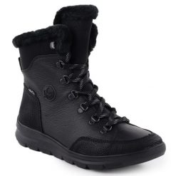 Skórzane wodoodporne botki damskie z futerkiem czarne Rieker Z0000-00. Czarne botki damskie Rieker, ze skóry, bez obcasa, bez zapięcia. Za 419.00 zł.
