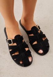 Czarne Klapki z Paskami w Stylu Gladiatorek z Klamerką Lorianatea. Czarne klapki damskie Born2be, bez wzorów, z jeansu, bez obcasa, na płaskiej podeszwie, bez zapięcia. Za 69.99 zł.