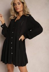 Czarna Rozkloszowana Sukienka Koszulowa Mini w Stylu Boho Binessa. Czarne sukienki damskie Renee, bez wzorów, boho, bez ramiączek. W wyprzedaży za 91.99 zł.