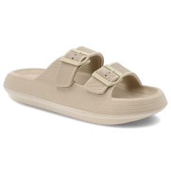 Klapki damskie Vinceza, gumowe profilowane z klamram na basen na wakacje klasyczne, beżowe, 76056-BE. Brązowe klapki damskie VINCEZA, bez wzorów, z gumy, bez obcasa, bez zapięcia. Za 69.99 zł.