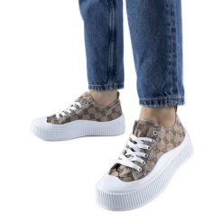 Brązowe trampki zdobione monogramem Cavi beżowy. Brązowe trampki damskie z aplikacjami, z tkaniny, bez zapięcia. Za 73.01 zł.