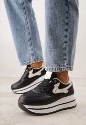 Czarne Sneakersy na Grubej Podeszwie z Perforacją i Tweedowymi Wstawkami Idaphyphe. Czarne obuwie sportowe damskie Born2be, z jeansu, bez zapięcia. Za 99.99 zł.