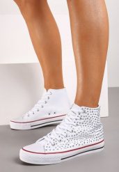 Białe Płaskie Trampki za Kostkę Ozdobione Cyrkoniami Emisea. Białe trampki damskie Born2be, bez wzorów, z bawełny, za kostkę, bez zapięcia. Za 29.99 zł.