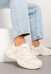 Beżowe Sneakersy na Platformie z Designerskim Sznurowaniem Julieve. Brązowe obuwie sportowe damskie Renee, z jeansu, bez zapięcia. Za 89.99 zł.