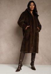 Brązowy Futrzany Płaszcz z Kapturem Zdobiony Pionowym Wzorem Elrinrahne. Brązowe płaszcze damskie Renee, l, z aplikacjami, z futra, z kapturem. Za 339.99 zł.