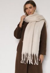 Jasnobeżowy Szalik z Frędzlami Owedarria. Brązowe szaliki damskie Born2be, bez wzorów, z dresówki. Za 44.99 zł.