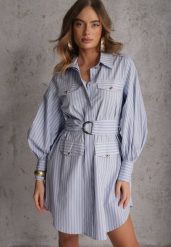 Niebieska Koszulowa Sukienka z Bawełny z Paskiem w Stylu Soft Utility Effiara. Niebieskie sukienki damskie Renee, bez wzorów, z bawełny, bez ramiączek. Za 149.99 zł.